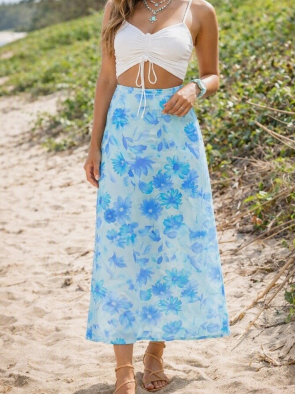 Worthington Teal Blue Floral Chiffon Midi Skirt 8 Boho Chic Coastal Cowgirl